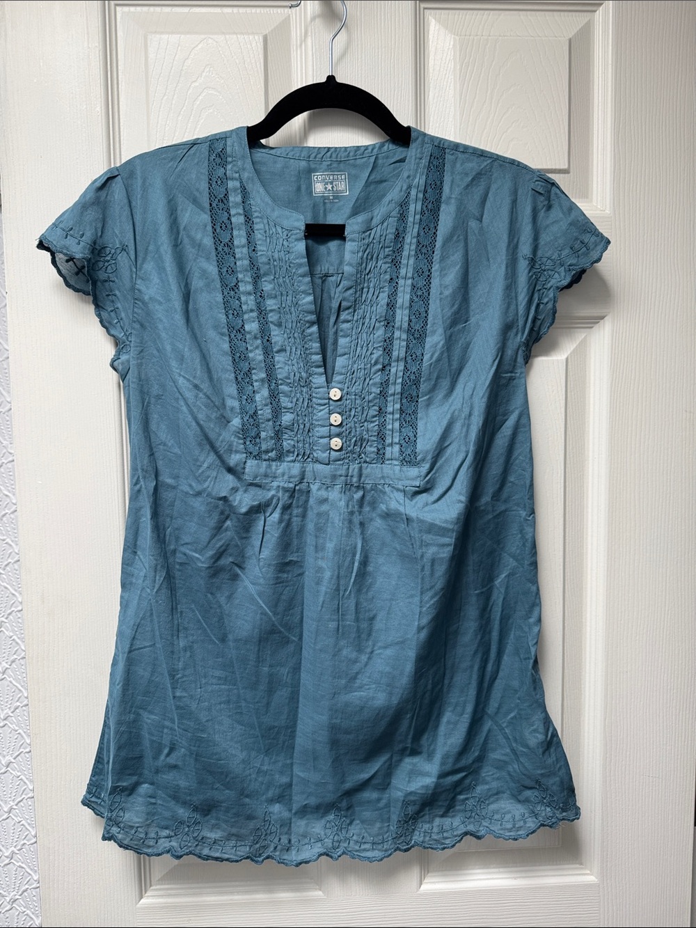Converse Teal Blue Pintuck Lace-Trim Short Sleeve Tunic